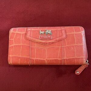 Coach coral croc embossed patent leather long zip wallet